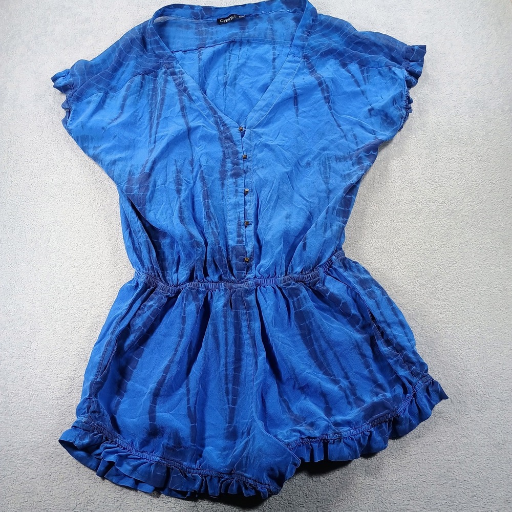 Gypsy 05 Womens Romper Blue Medium Tie Dye Ruffle Hem